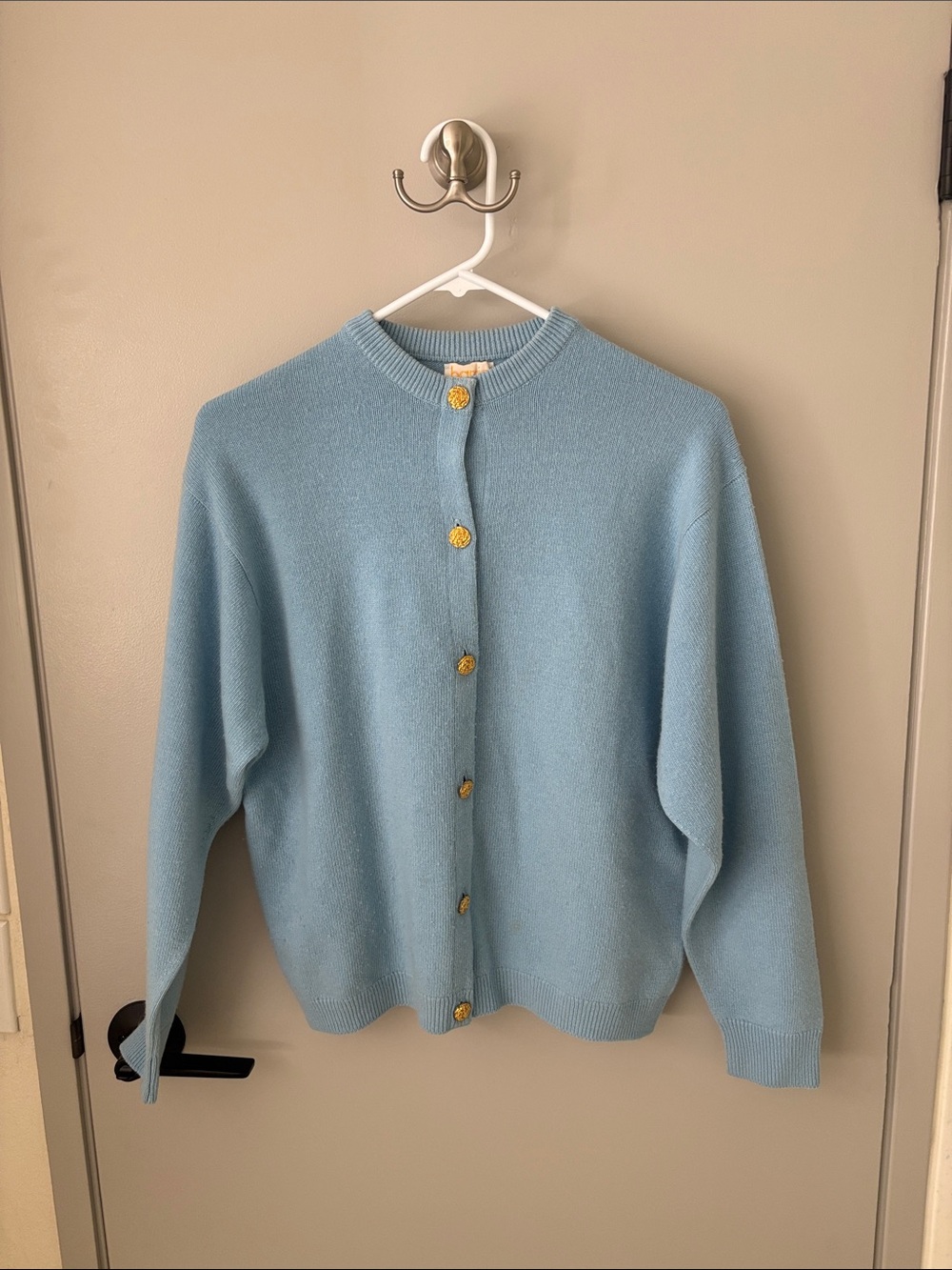 Light Blue Cashmere Women's Knit Button-Front Cardigan with Gold Buttons